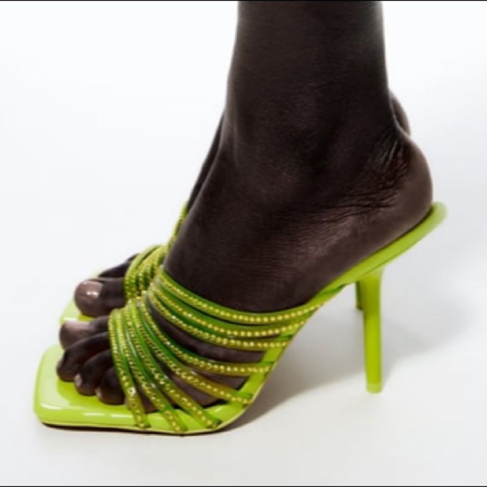 Zara Vinyl Lime Green Rhinestone Squared Toe High Heels Sandals Shoes - Picture 6 of 14